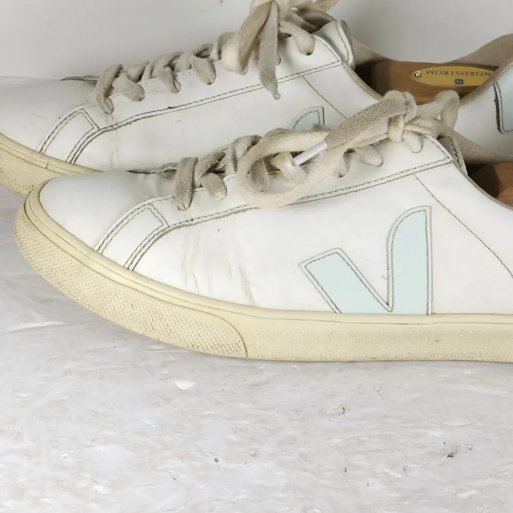 Veja Women's Esplar US 9 White Blue Smooth Leather Low Top Sneakers Shoes